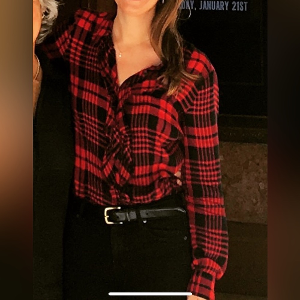 Cabi red & black plaid shirt with ruffle front size S